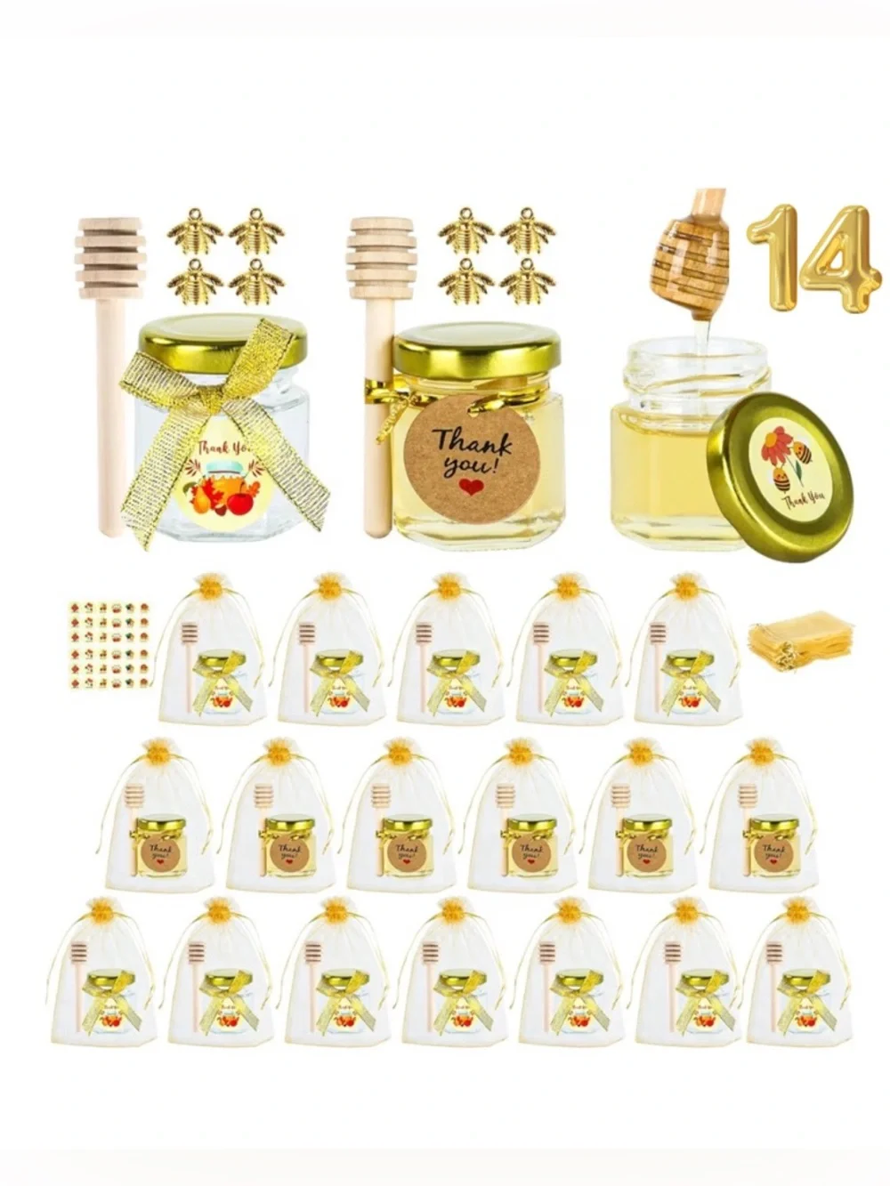 Mini Honey Jar Favor Set Gold Lids Bee Charm Organza Bags 1.5 oz Set of 15 - Picture 7 of 7